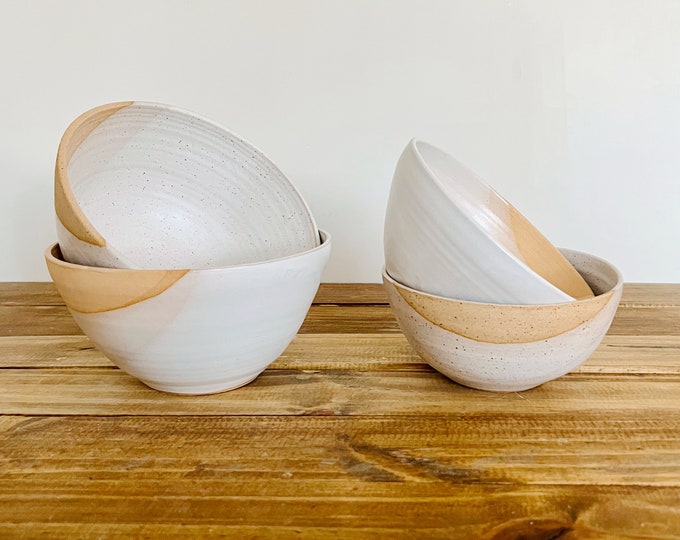 SALE! 50% off - Angled Ceramic Bowls - White & Natural Stoneware - Modern Handmade Kitchenware - Multiple Sizes, Styles