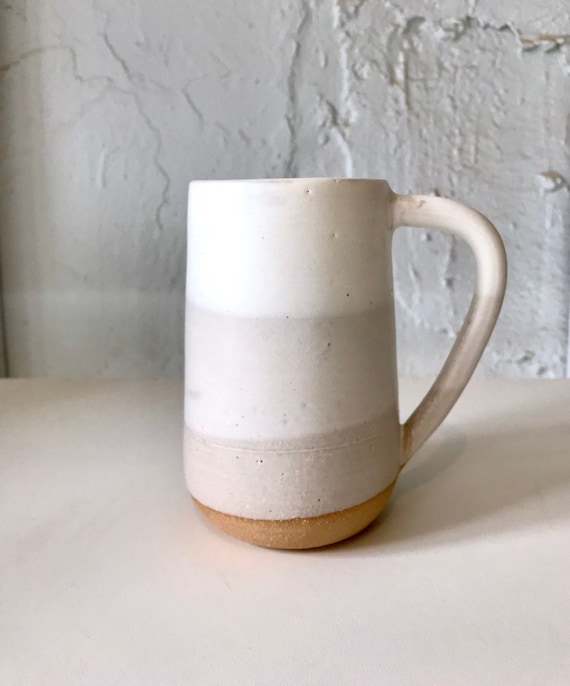 ceramic mug - tall coffee cup - white on beige striped - NEW!