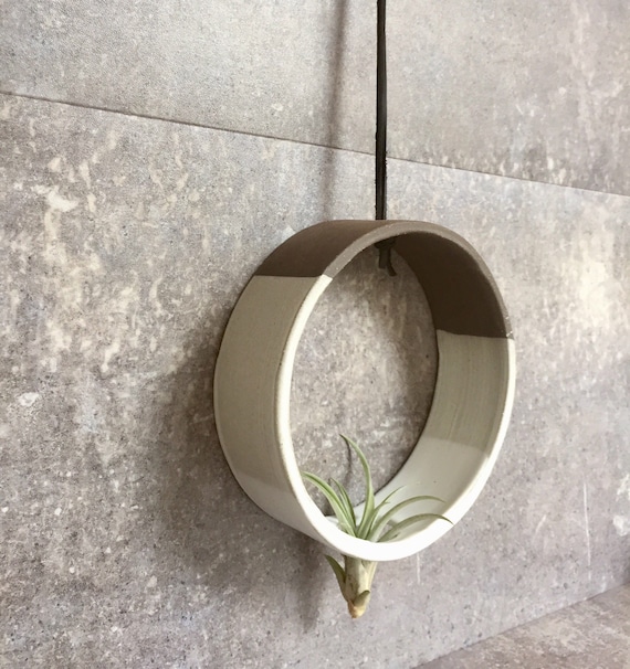 Hanging Circular Airplant holder- ceramic- plant vase- two tone white on dark stoneware