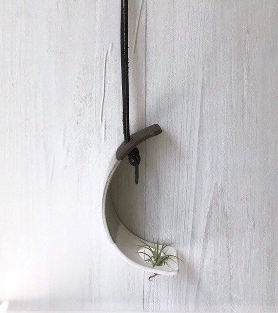 Chocolate- Hanging crescent moon Airplant holder- ceramic- plant vase arc- two tone white on chocolate stoneware