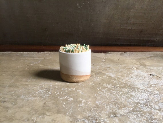 mini Beige and white- ceramic Matchstick holder- Strike on side - small jar