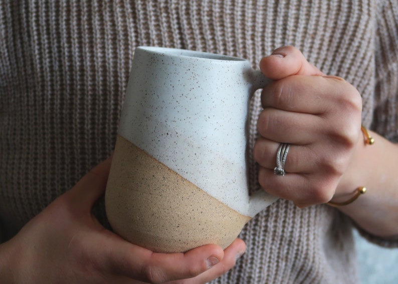 Tall Round-Bottom Mug White and Beige Handmade Ceramic Coffee Mug image 8