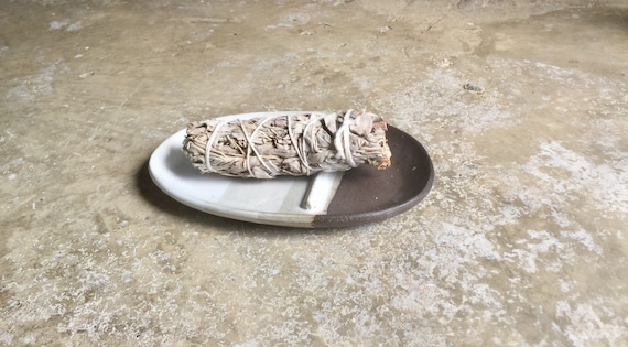 Ceramic smuge dish- sage stick optional - sage stick dish- white on dark clay- NEW