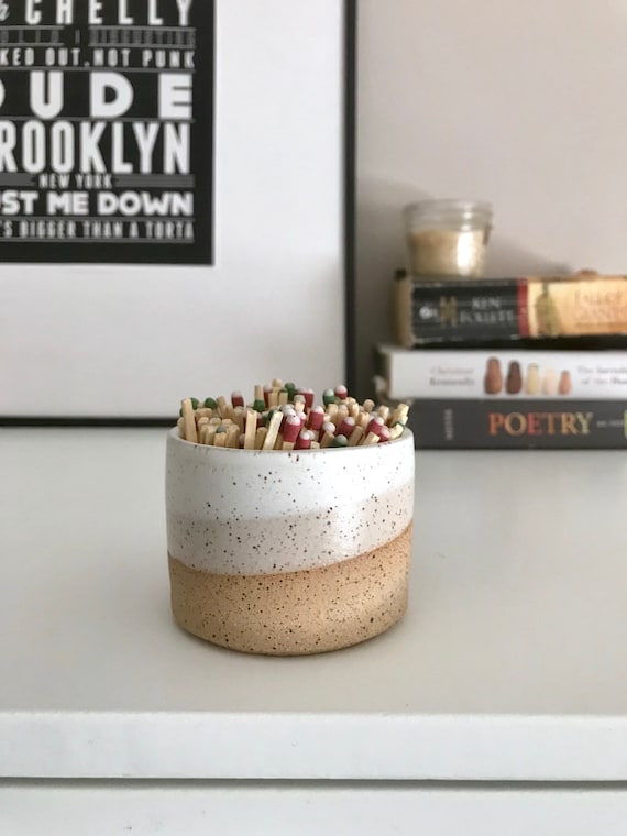Wide SPECKLED Beige and white- ceramic Matchstick holder- Strike on side - match jar- NEW!