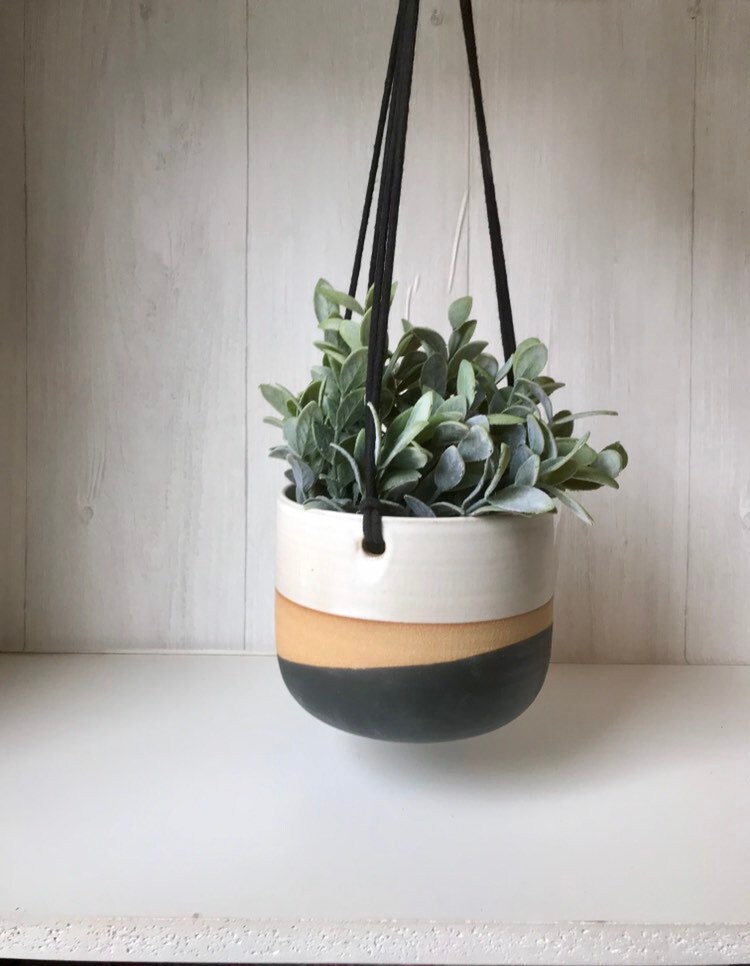 Tri color Ceramic hanging planters white and black on stoneware