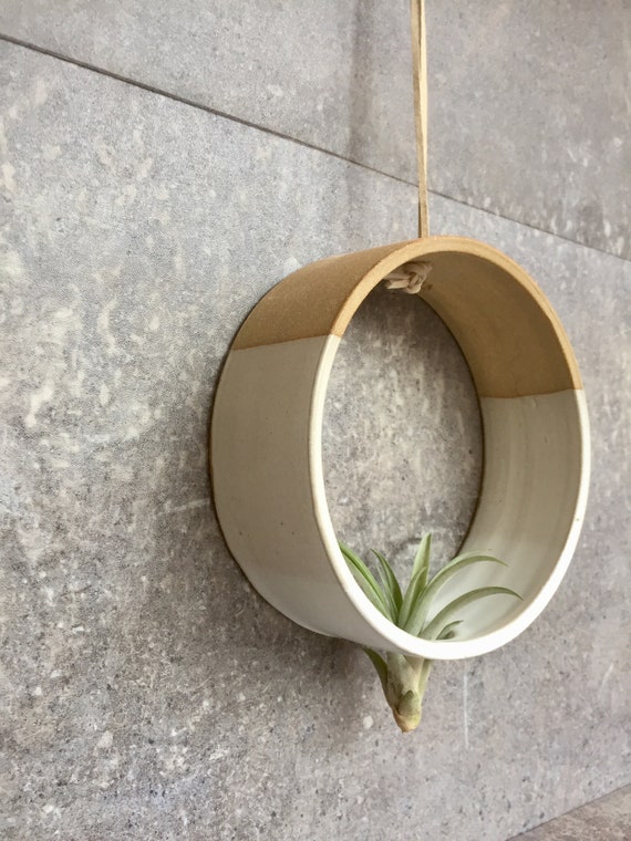 Hanging Circular Airplant holder- ceramic- plant vase- two tone white on beige stoneware