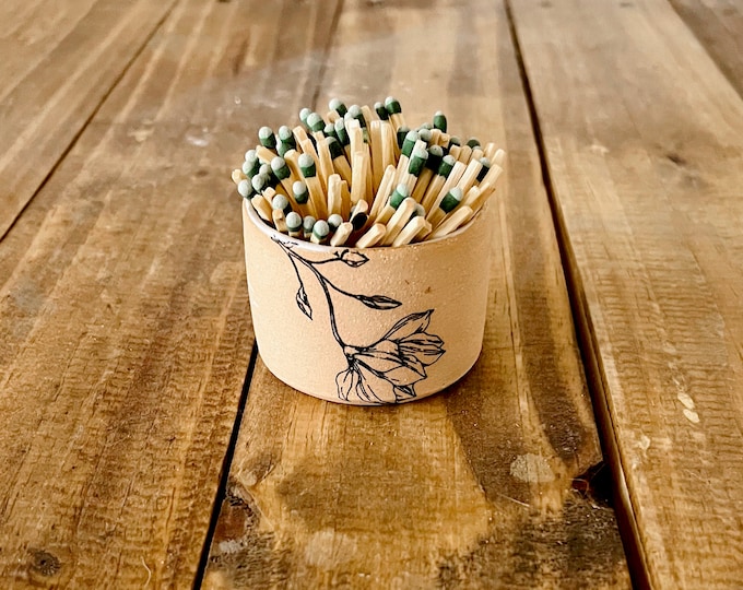 Floral Ceramic Matchstick Holder - Natural Stoneware Texture - Strike-on-side - Handmade Ceramic