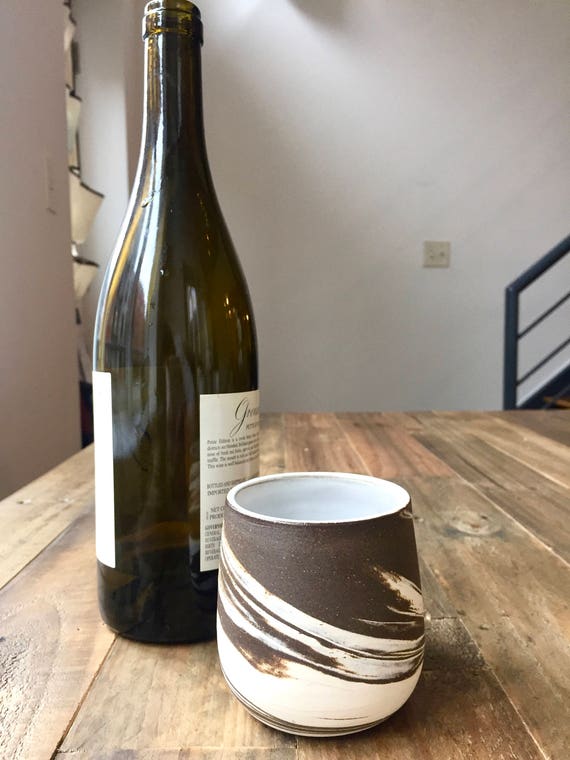 Ceramic stemless wine glasses- marble clay- brown and white- functional cup