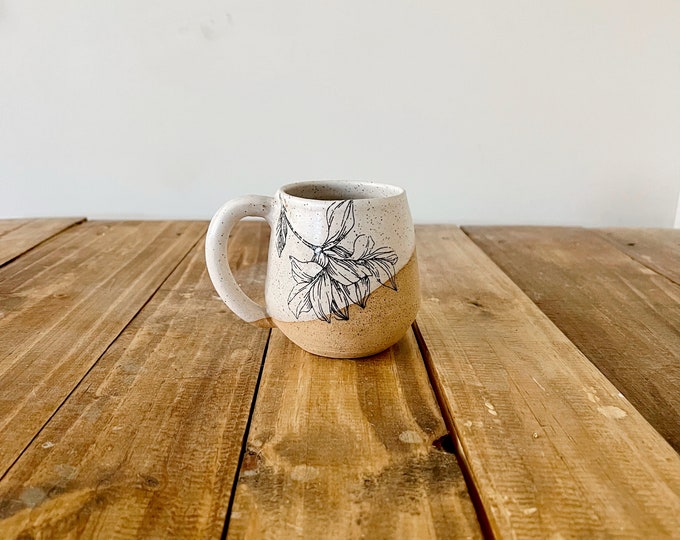 Flower Mug - White and Speckled - Handmade Ceramic Coffee Mug