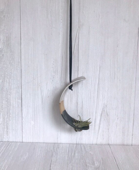 Tri color- Hanging crescent moon Airplant holder- ceramic- plant vase arc- three tone on beige stoneware