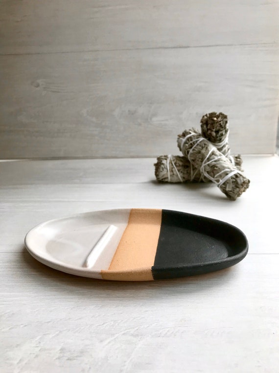 Tri color- smuge dish- sage stick optional- ceramic sage stick dish- white and black on beige