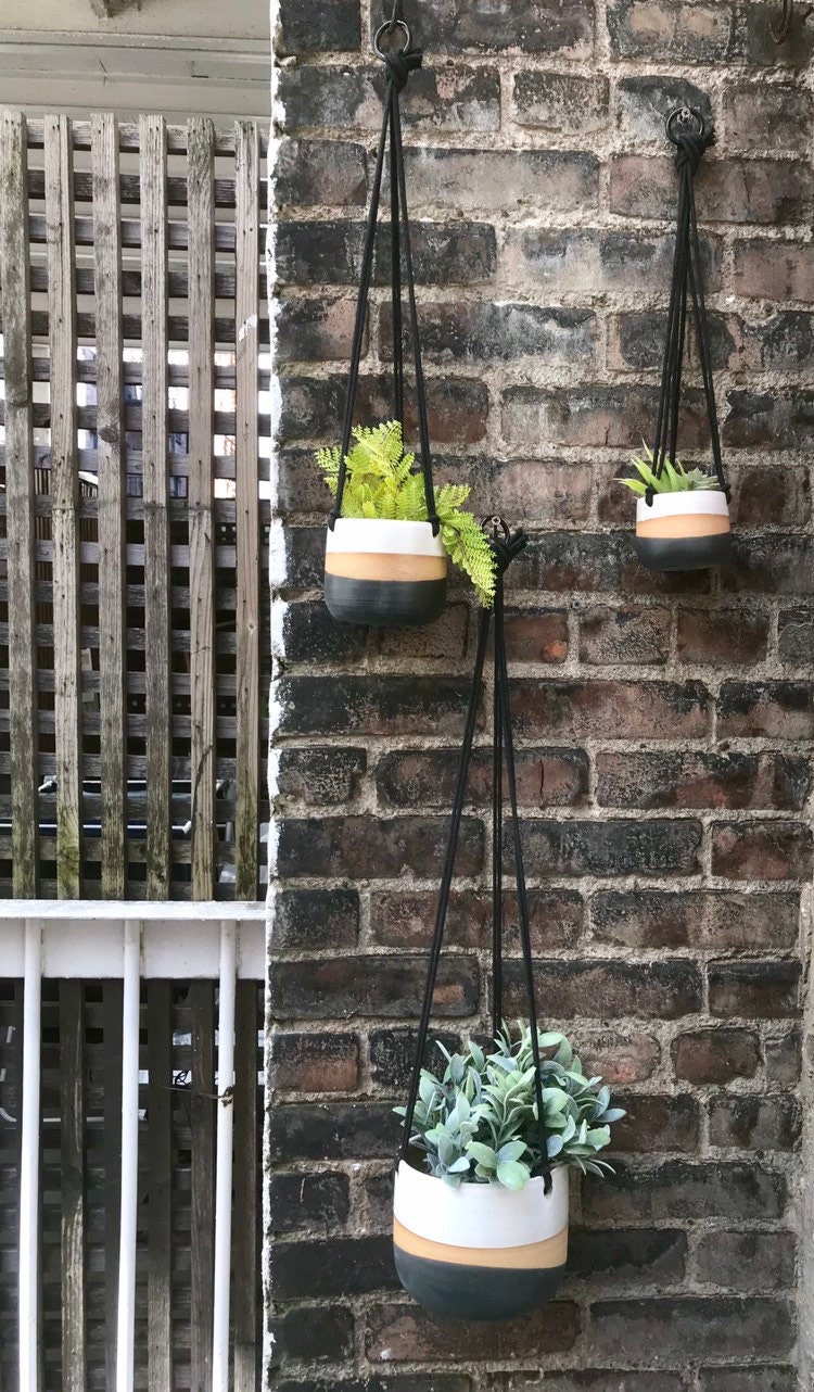 Tri color Ceramic hanging planters white and black on stoneware