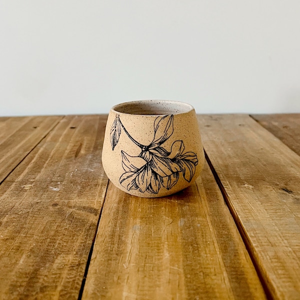 Flower Espresso Cup - White and Speckled Stoneware - Handmade Coffee Mug- Small Tumbler