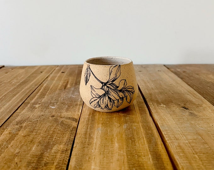 Flower Espresso Cup - White and Speckled Stoneware - Handmade Coffee Mug- Small Tumbler