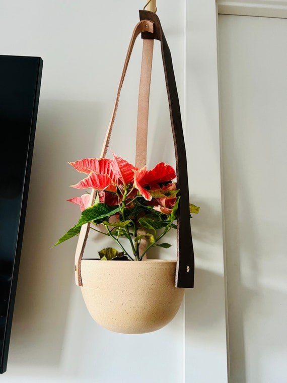 limited edition- western style hanging planter. Natural leather brass. Handemade ceramics.