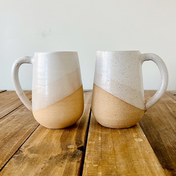 Tall Round-Bottom Mug - White and Beige - Handmade Ceramic Coffee Mug