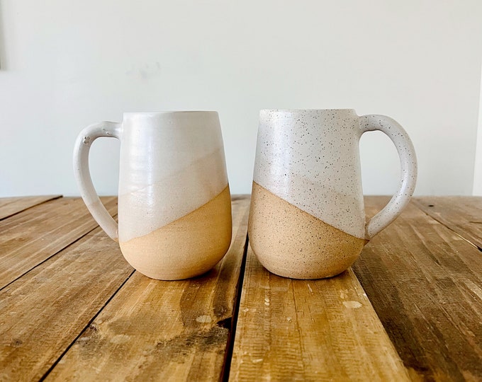 Tall Round-Bottom Mug - White and Beige - Handmade Ceramic Coffee Mug