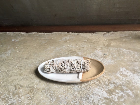 Ceramic smuge dish- sage stick optional- sage stick dish- white on beige clay- NEW