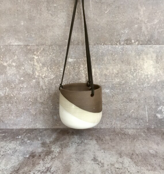 Large Ceramic planter-white on chocolate stoneware- Hanging flower pot - herb planter