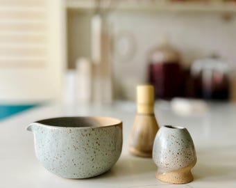 Wide bottom Matcha Bowl. Handmade Set with Spout Bamboo Whisk and Chasen Holder optional