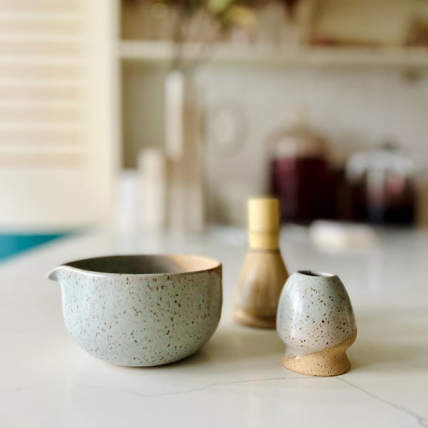 Wide bottom Matcha Bowl. Handmade Set with Spout Bamboo Whisk and Chasen Holder optional