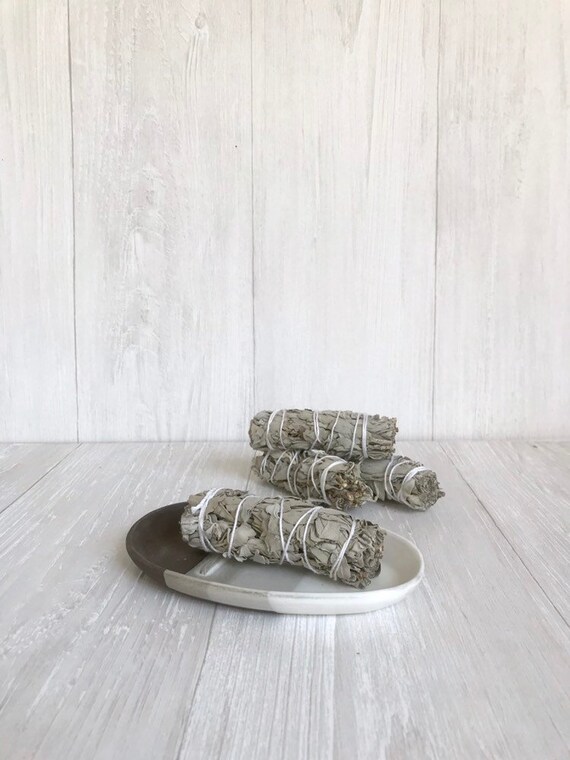 Chocolate- smuge dish- sage stick optional - ceramic sage stick dish- white on chocolate clay