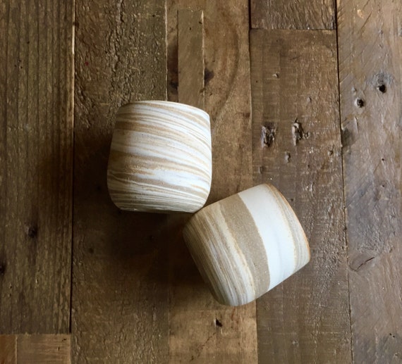Ceramic stemless wine glass- marble clay- beige and white