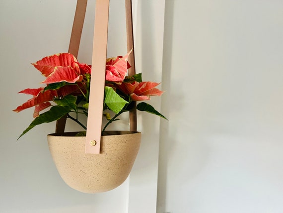 limited edition-western style hanging planter. Natural.brass and leather- Handemade ceramics.
