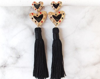 Gold Heart and Black Tassel Statement Earrings