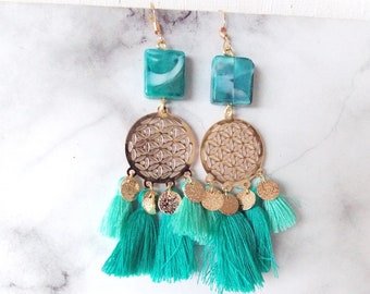 Green Boho Disc Charm Tassel Earrings