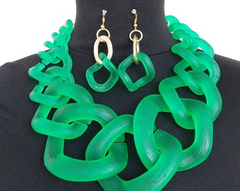 Super Chunky Green Frosted Statement Chain Necklace and Earrings Set