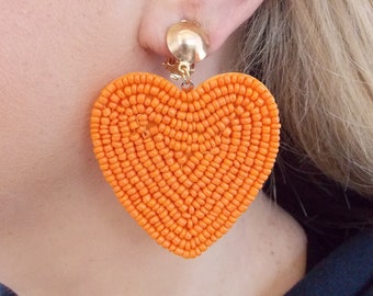 CLIP ON Orange Beaded Heart Drop Statement Earrings