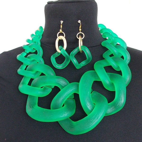 Super Chunky Green Frosted Statement Chain Necklace and Earrings Set