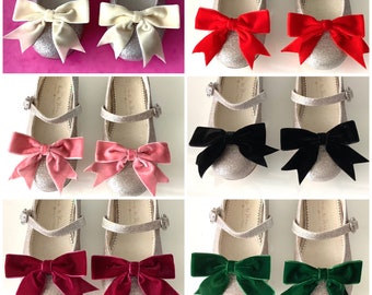 Girls Velvet Shoe Bow Clips Handmade 6 Colours