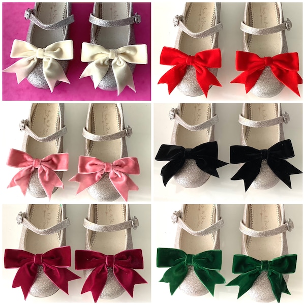 Girls Velvet Shoe Bow Clips Handmade 6 Colours