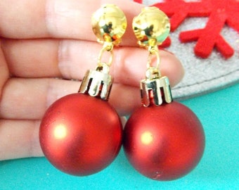 Clip On Red Green Matte Christmas Bauble Handmade Christmas Earrings