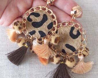 Clip ON Leopard Print Pom Pom Tassel Earrings