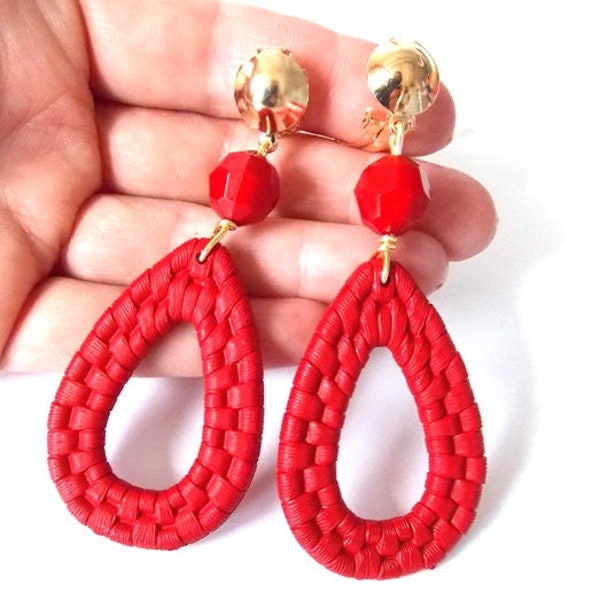 Clip-On red Basket Weave Style handgemachte Tropfen Ohrringe