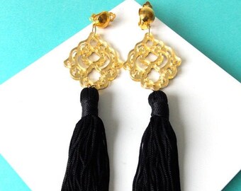 CLIP ON Gold and Black Tassel Statement Earrings