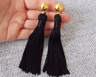 clip on tassel earrings black