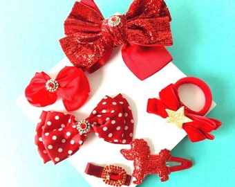 Girls Red Glitter Bow Hair Clip Accessory Handmade Gift Set