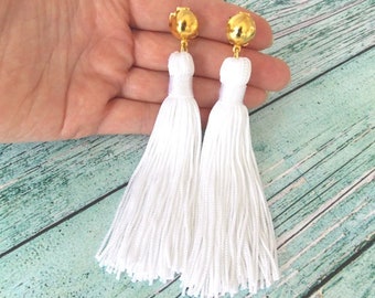 White Tassel Clip-On Statement Earrings