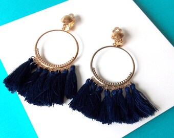 Clip On Navy Blue Tassel Hoop Drop Boho Handmade Earrings