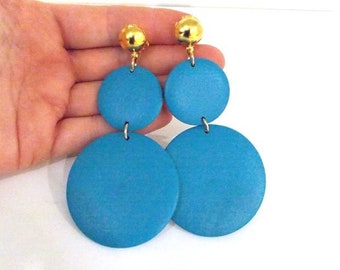 CLIP ON Blue Wooden Disc  Earrings