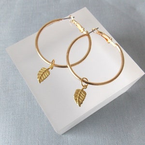 Gold Leaf Charm Hoop Handmade Earrings