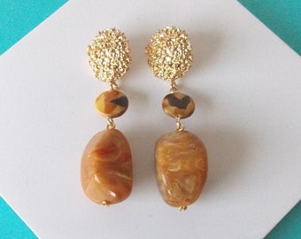 Chunky Mustard and Leopard Print Bead Drop Handmade Statement Earrings