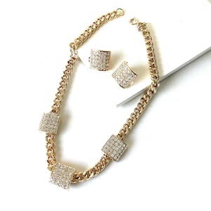 Vintage 80’s Gold and Crystal Choker Necklace and Clip On Earrings Set