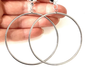CLIP ON Big Silver Hoop Earrings