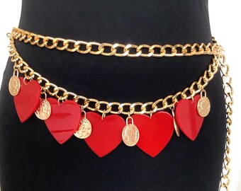 90s Vintage Red Gold Chain Belt/red Patent Leather Chain  display picture 1