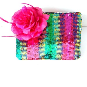 Regenbogen Pailletten Rosa Blumen Clutch Tasche